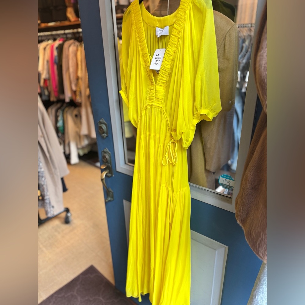 La Ligne Bright Yellow Silk Chiffon Tie Waist Maxi Dress